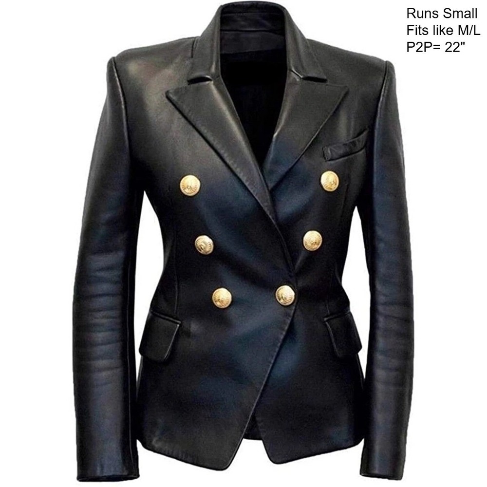 REAL LEATHER Kim Kardashian Double Breasted Leather Blazer Jacket XXL Black Edgy